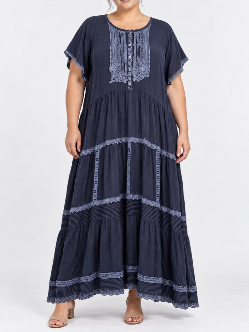 Johnny Was Maxi Dress Womens XXL Navy Blue Lace Embroidered Tiered Boho